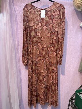 Johnny Was Long Sleeve Pink and Brown Printed Midi Dress